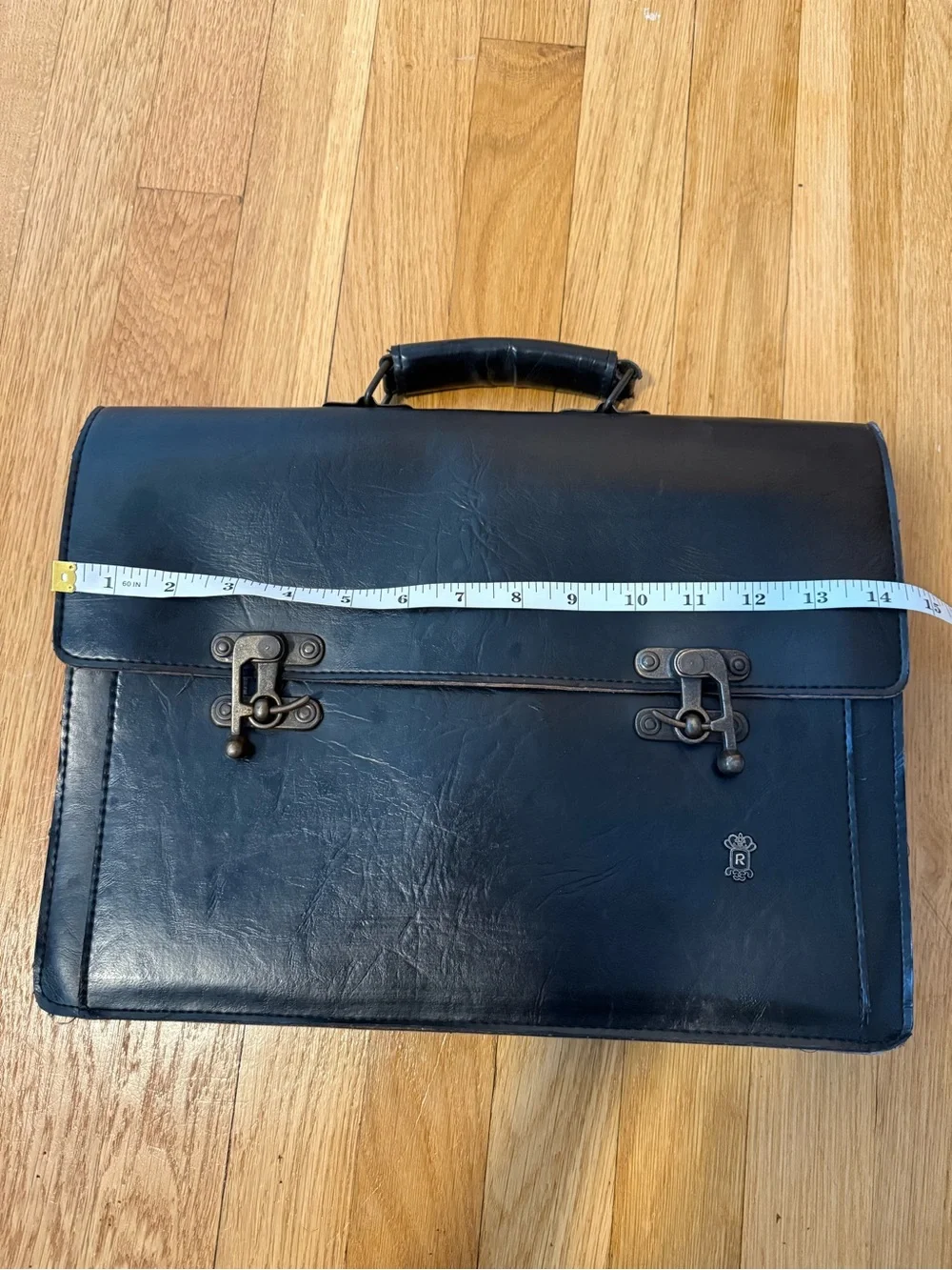 Men's Vintage Black Leather Briefcase with Antique Brass Hardware Work Travel
